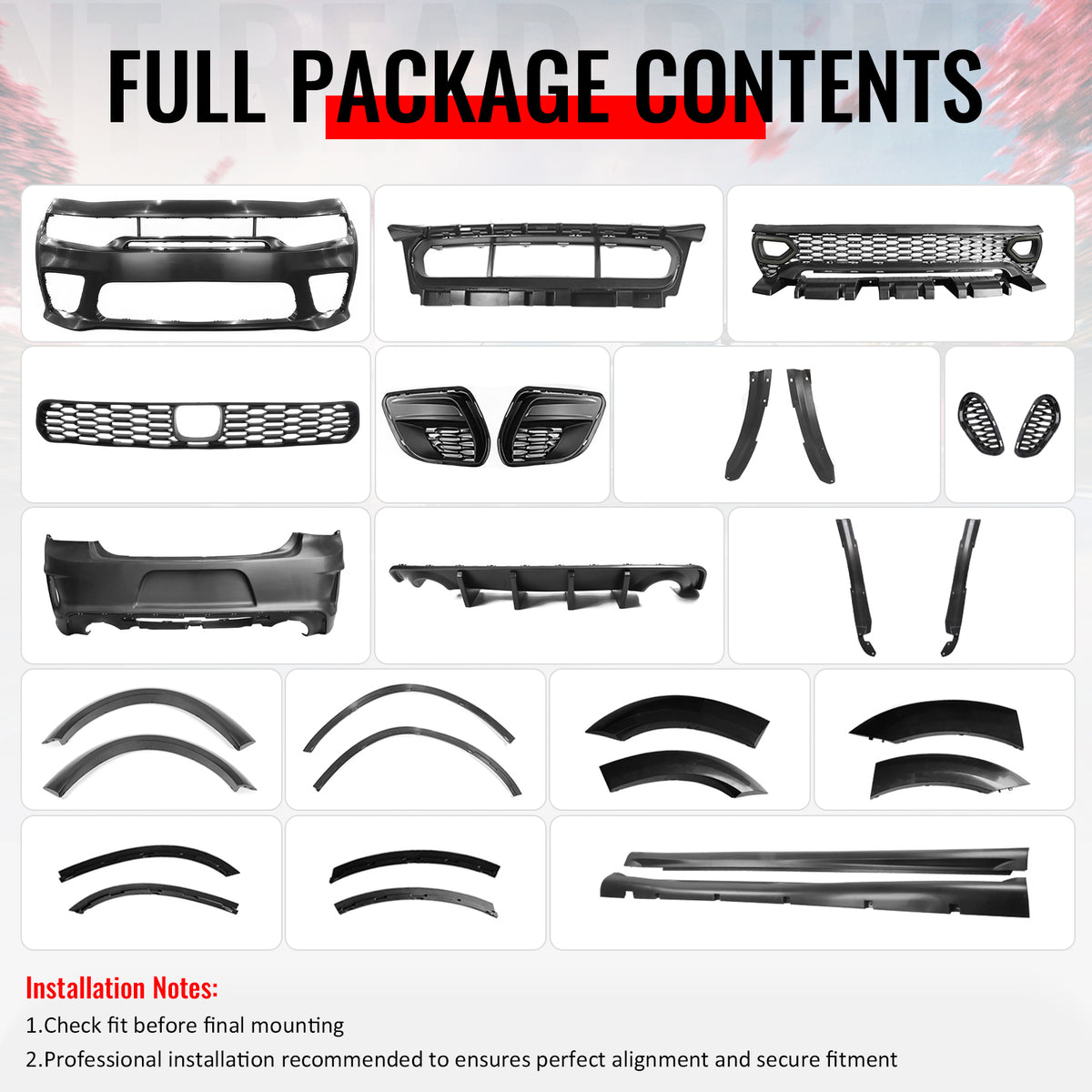 Fits 15-23 Dodge Charger Front Rear Bumper Conversion with Side Skirts/Diffuser