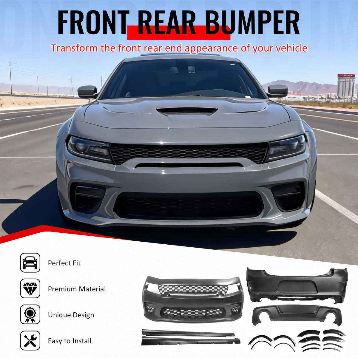 IKON MOTORSPORTS Front & Rear Bumper Cover, Compatible with 2015-2023 Dodge Charger, Widebody Style Unpainted Black PP Replacement Conversion with Fender Flares, Side Skirts and Factory Style Diffuser