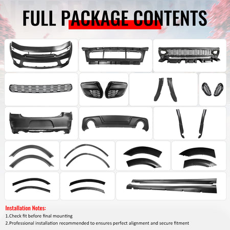 Fits 15-23 Dodge Charger Front Rear Bumper Conversion w/ Side Skirt/Fender Flare