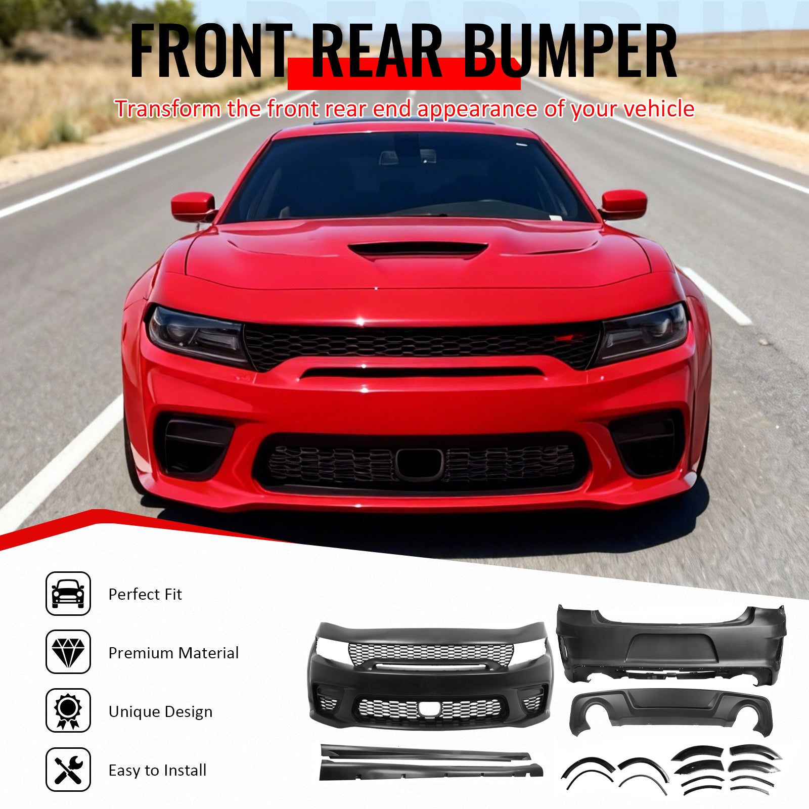 IKON MOTORSPORTS Front & Rear Bumper Cover, Compatible with 2015-2023 Dodge Charger, Widebody Style Unpainted Black PP Conversion with Fender Flares, Side Skirts and Factory Style Matte Black Diffuser