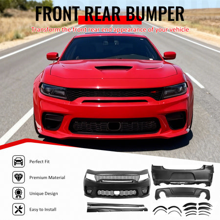 IKON MOTORSPORTS Front & Rear Bumper Cover, Compatible with 2015-2023 Dodge Charger, Widebody Style Unpainted Black PP Conversion with Fender Flares, Side Skirts and Factory Style Matte Black Diffuser