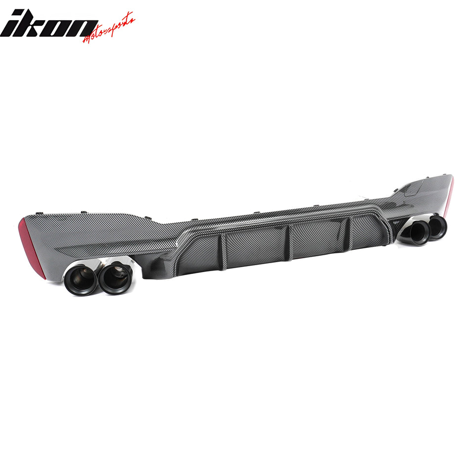 IKON MOTORSPORTS Rear Diffuser w/ Black Quad Exhaust, Compatible with 2017-2020 BMW 5 Series G30 Pre-LCI M Sport, M5 Competition Style Carbon Fiber Print PP Bumper Valance Spoiler Fin, 3PCS