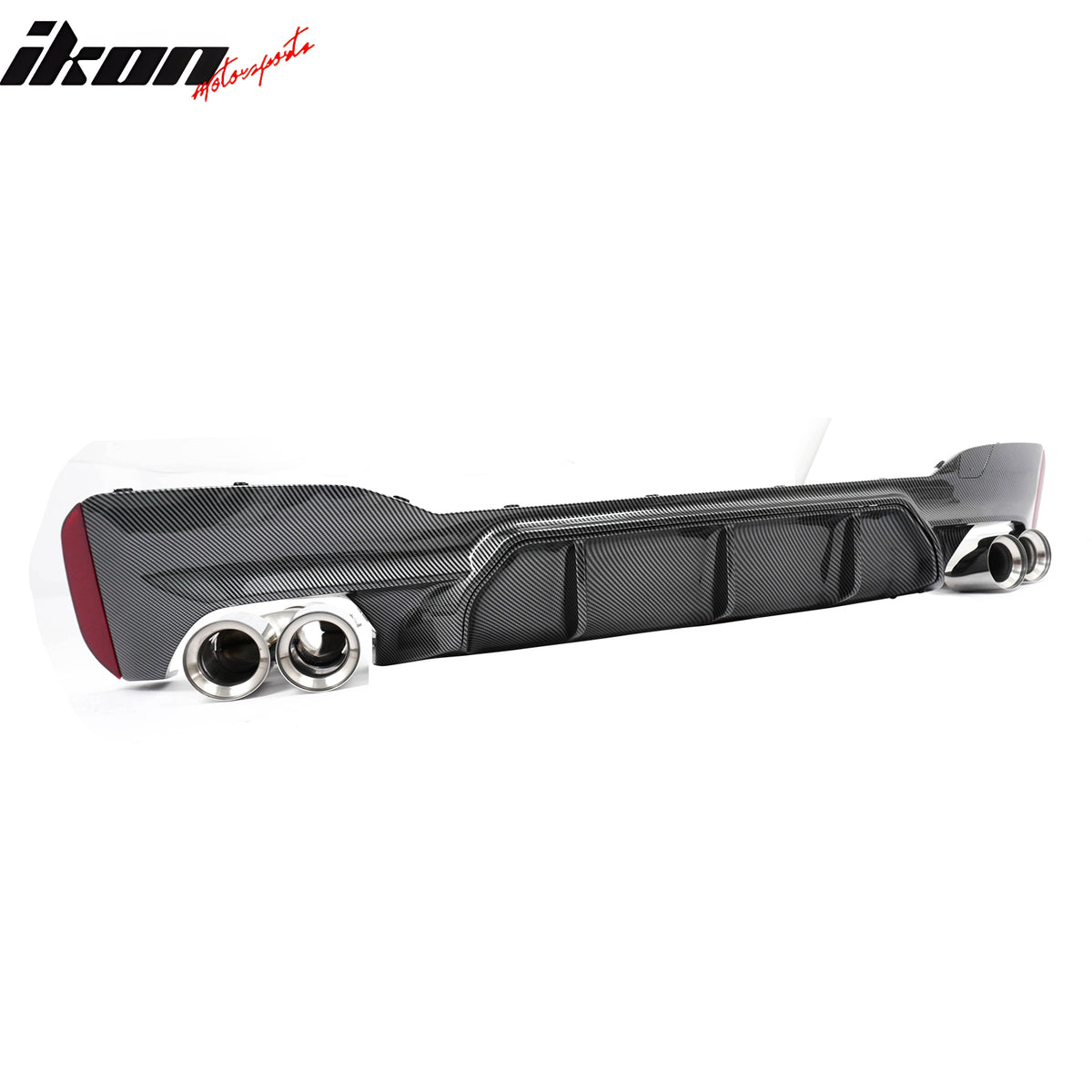 IKON MOTORSPORTS Rear Diffuser w/ Silver Quad Exhaust, Compatible with 2017-2020 BMW 5 Series G30 Pre-LCI M Sport, M5 Competition Style Carbon Fiber Print PP Bumper Valance Spoiler Fin, 3PCS