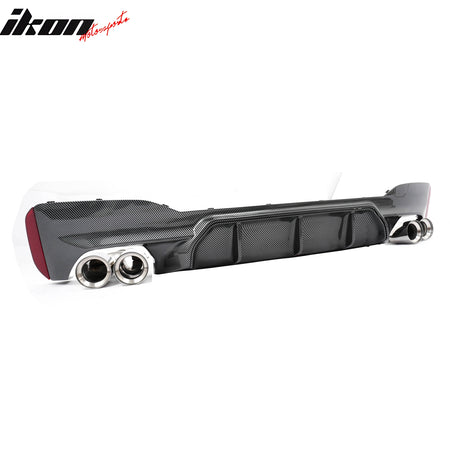 IKON MOTORSPORTS Rear Diffuser w/ Silver Quad Exhaust, Compatible with 2017-2020 BMW 5 Series G30 Pre-LCI M Sport, M5 Competition Style Carbon Fiber Print PP Bumper Valance Spoiler Fin, 3PCS