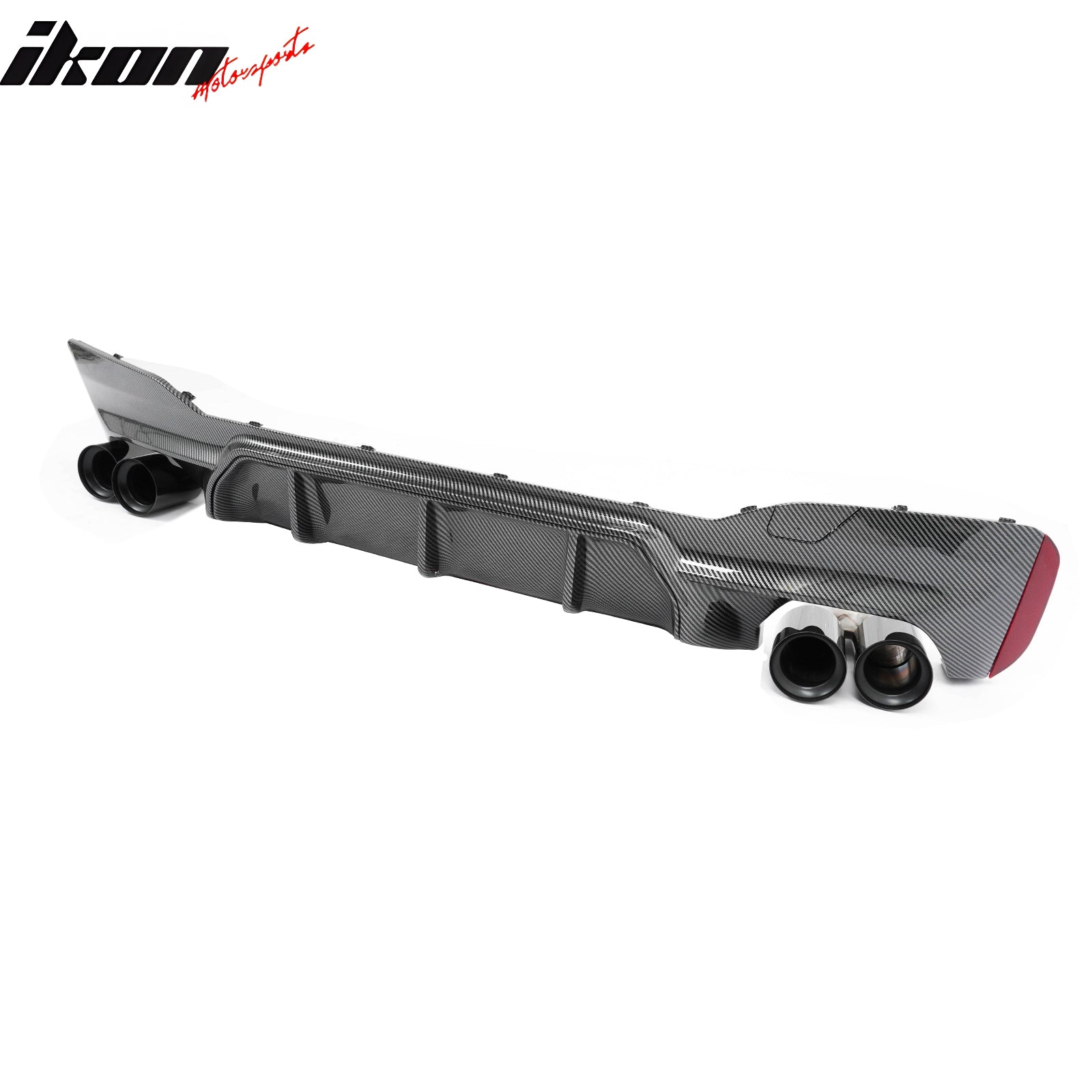 IKON MOTORSPORTS Rear Diffuser w/ Black Quad Exhaust, Compatible with 2021-2023 BMW 5 Series G30 LCI M Sport, M5 Competition Style Carbon Fiber Print PP Bumper Valance Spoiler Fin, 3PCS