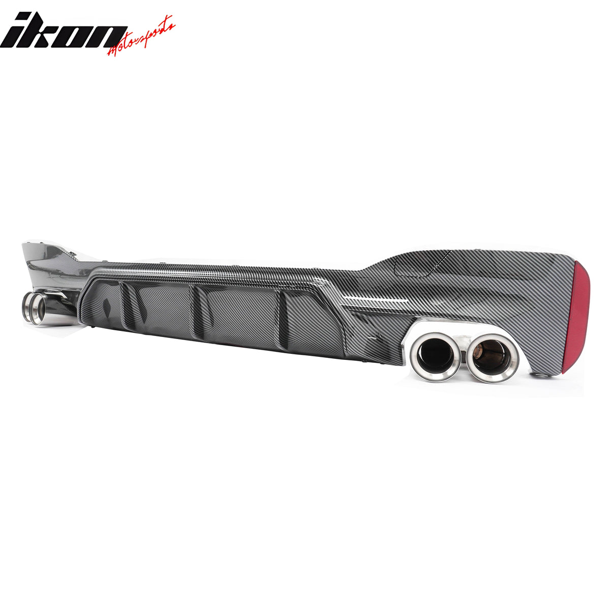IKON MOTORSPORTS Rear Diffuser w/ Silver Quad Exhaust, Compatible with 2021-2023 BMW 5 Series G30 LCI M Sport, M5 Competition Style Carbon Fiber Print PP Bumper Valance Spoiler Fin, 3PCS
