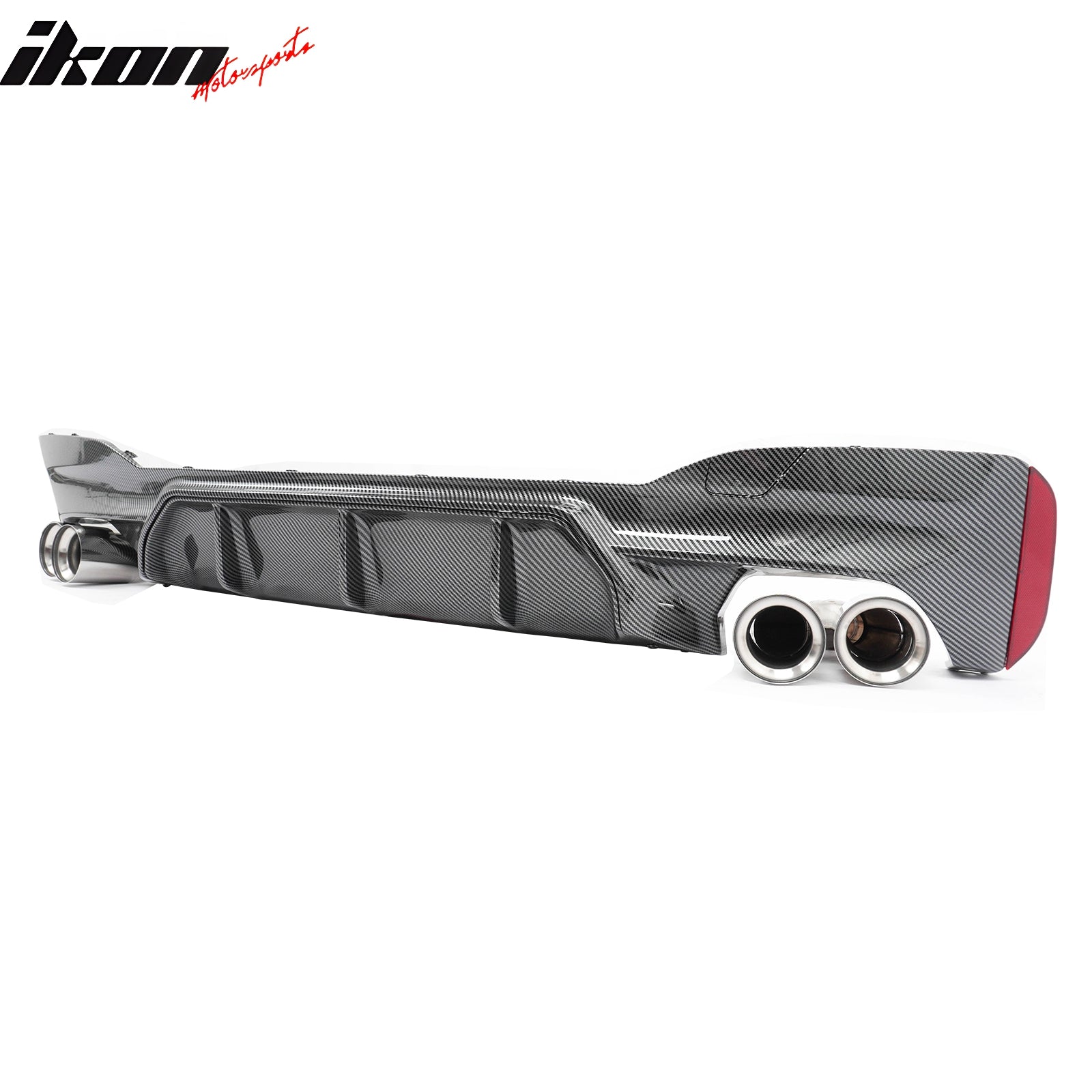 IKON MOTORSPORTS Rear Diffuser w/ Silver Quad Exhaust, Compatible with 2021-2023 BMW 5 Series G30 LCI M Sport, M5 Competition Style Carbon Fiber Print PP Bumper Valance Spoiler Fin, 3PCS