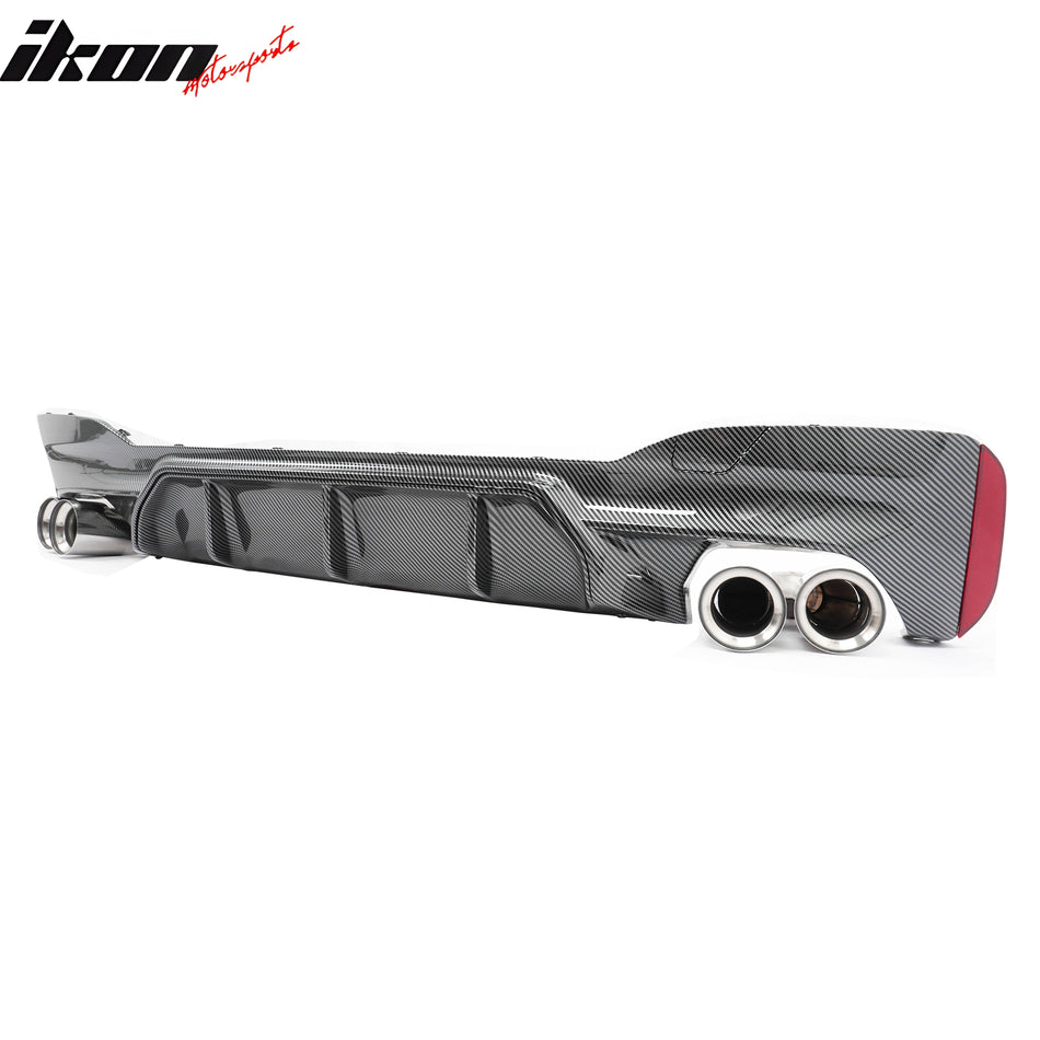 IKON MOTORSPORTS Rear Diffuser w/ Silver Quad Exhaust, Compatible with 2021-2023 BMW 5 Series G30 LCI M Sport, M5 Competition Style Carbon Fiber Print PP Bumper Valance Spoiler Fin, 3PCS