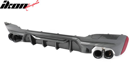 IKON MOTORSPORTS Rear Diffuser w/ Black Quad Exhaust, Compatible with 2021-2023 BMW 5 Series G30 LCI M Sport, M5 M-Perfermance Style Carbon Fiber Print PP Bumper Valance Spoiler Fin, 3PCS