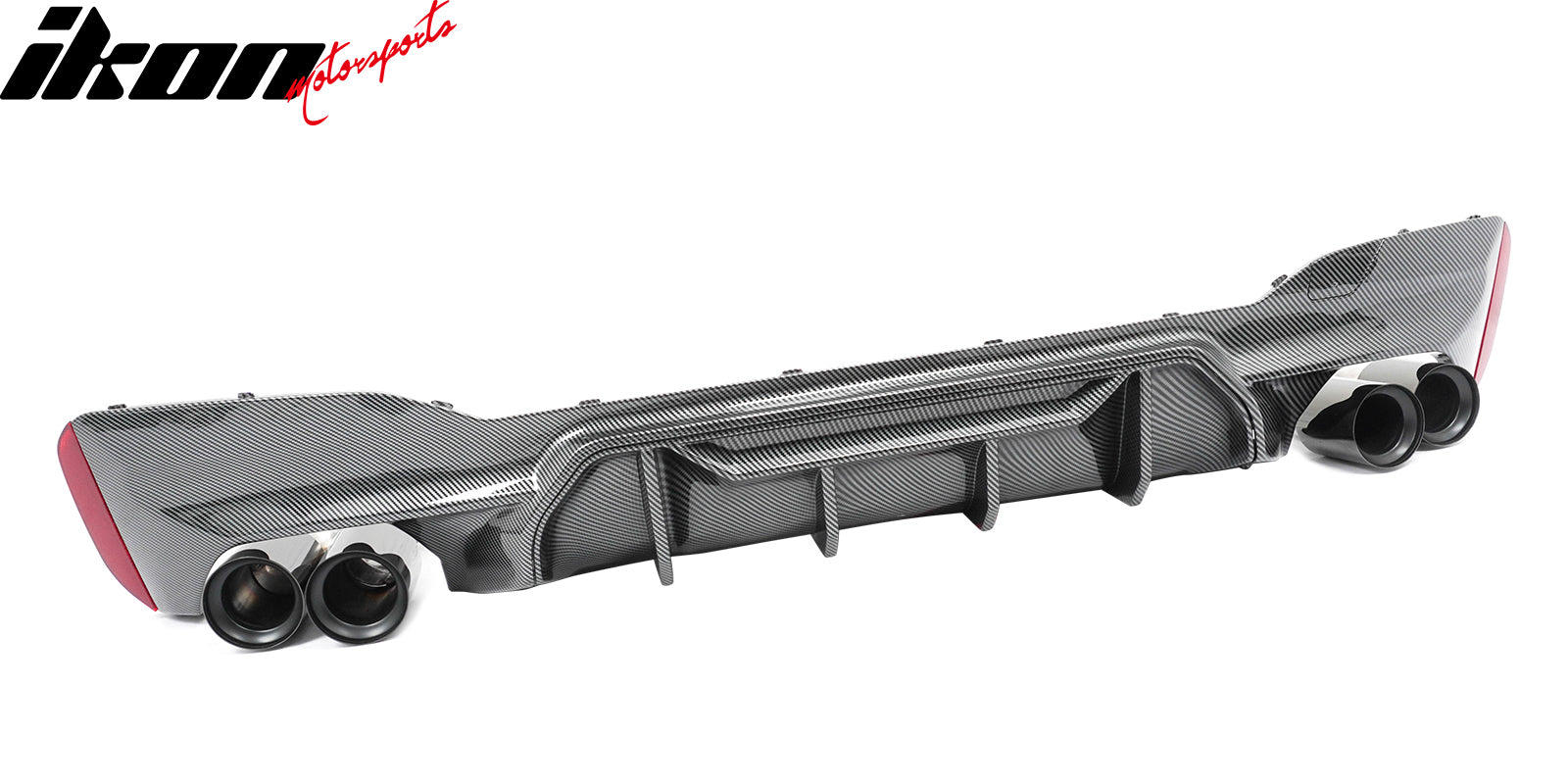 IKON MOTORSPORTS Rear Diffuser w/ Black Quad Exhaust, Compatible with 2017-2020 BMW 5 Series G30 Pre-LCI M Sport, M5 M-Perfermance Style Carbon Fiber Print PP Bumper Valance Spoiler Fin, 3PCS