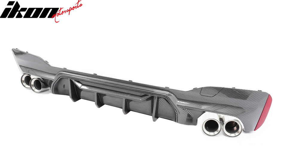 IKON MOTORSPORTS Rear Diffuser w/ Silver Quad Exhaust, Compatible with 2021-2023 BMW 5 Series G30 LCI M Sport, M5 M-Perfermance Style Carbon Fiber Print PP Bumper Valance Spoiler Fin, 3PC
