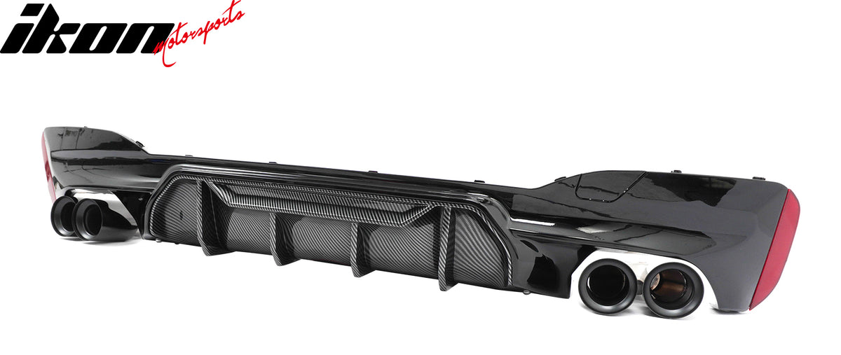 IKON MOTORSPORTS Rear Diffuser w/ Black Quad Exhaust, Compatible with 2021-2023 BMW 5 Series G30 LCI M Sport, M5 M-Perfermance Style Gloss Black PP Bumper Valance Trim Carbon Fiber Print Fin, 3PCS