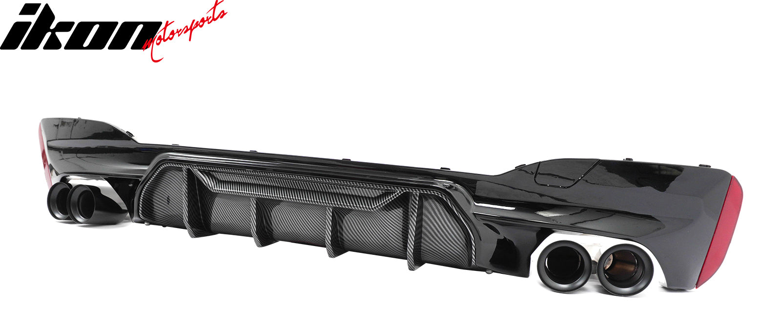 IKON MOTORSPORTS Rear Diffuser w/ Black Quad Exhaust, Compatible with 2021-2023 BMW 5 Series G30 LCI M Sport, M5 M-Perfermance Style Gloss Black PP Bumper Valance Trim Carbon Fiber Print Fin, 3PCS