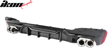 IKON MOTORSPORTS Rear Diffuser w/ Silver Quad Exhaust, Compatible with 2021-2023 BMW 5 Series G30 LCI M Sport, M5 M-Perfermance Style Gloss Black PP Bumper Valance Trim Carbon Fiber Print Fin, 3PCS