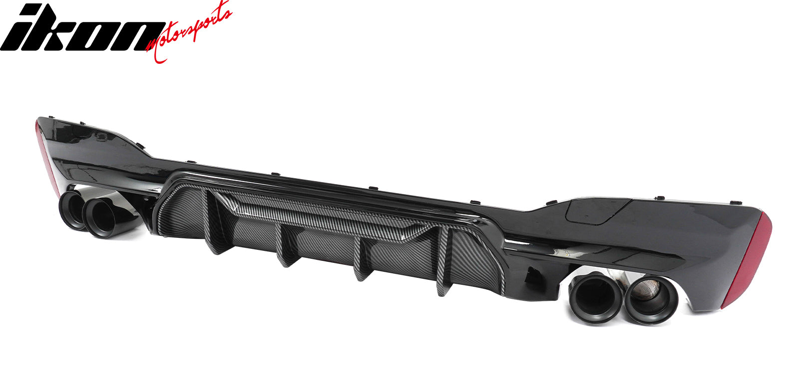 IKON MOTORSPORTS Rear Diffuser w/ Black Quad Exhaust, Compatible with 2017-2020 BMW 5 Series G30 Pre-LCI M Sport, M5 M-Perfermance Style Gloss Black PP Bumper Valance Trim Carbon Fiber Print Fin, 3PCS