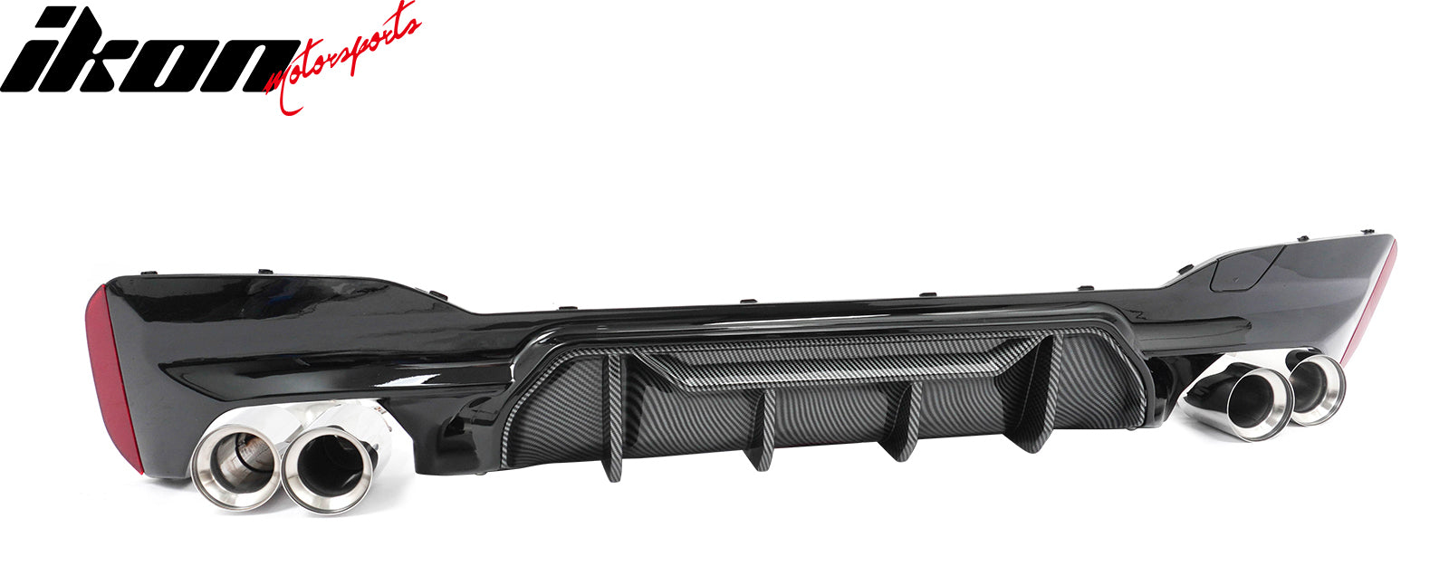 IKON MOTORSPORTS Rear Diffuser w/ Silver Quad Exhaust, Compatible with 2017-2020 BMW 5 Series G30 Pre-LCI M Sport, M5 M-Perfermance Style Gloss Black PP Bumper Valance Carbon Fiber Print Fin, 3PCS