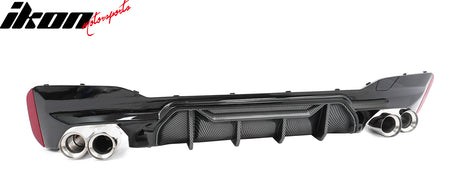 IKON MOTORSPORTS Rear Diffuser w/ Silver Quad Exhaust, Compatible with 2017-2020 BMW 5 Series G30 Pre-LCI M Sport, M5 M-Perfermance Style Gloss Black PP Bumper Valance Carbon Fiber Print Fin, 3PCS
