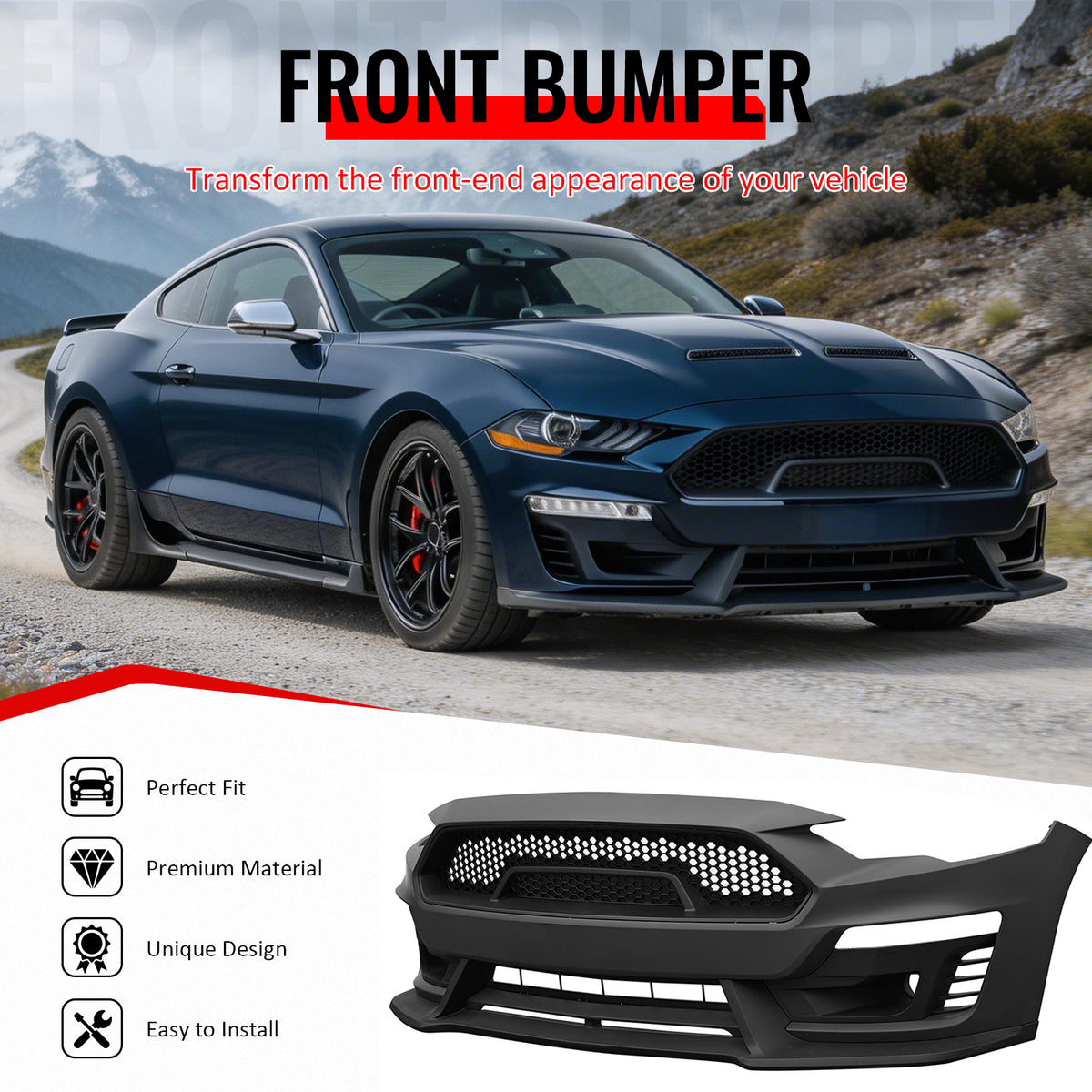 IKON MOTORSPORTS Front Bumper Cover, Compatible with 2018-2023 Ford Mustang, Shelby Super Snake Style Unpainted Black PP Replacement Conversion with Fog Lights Cover, Lip and Matte Black Grille