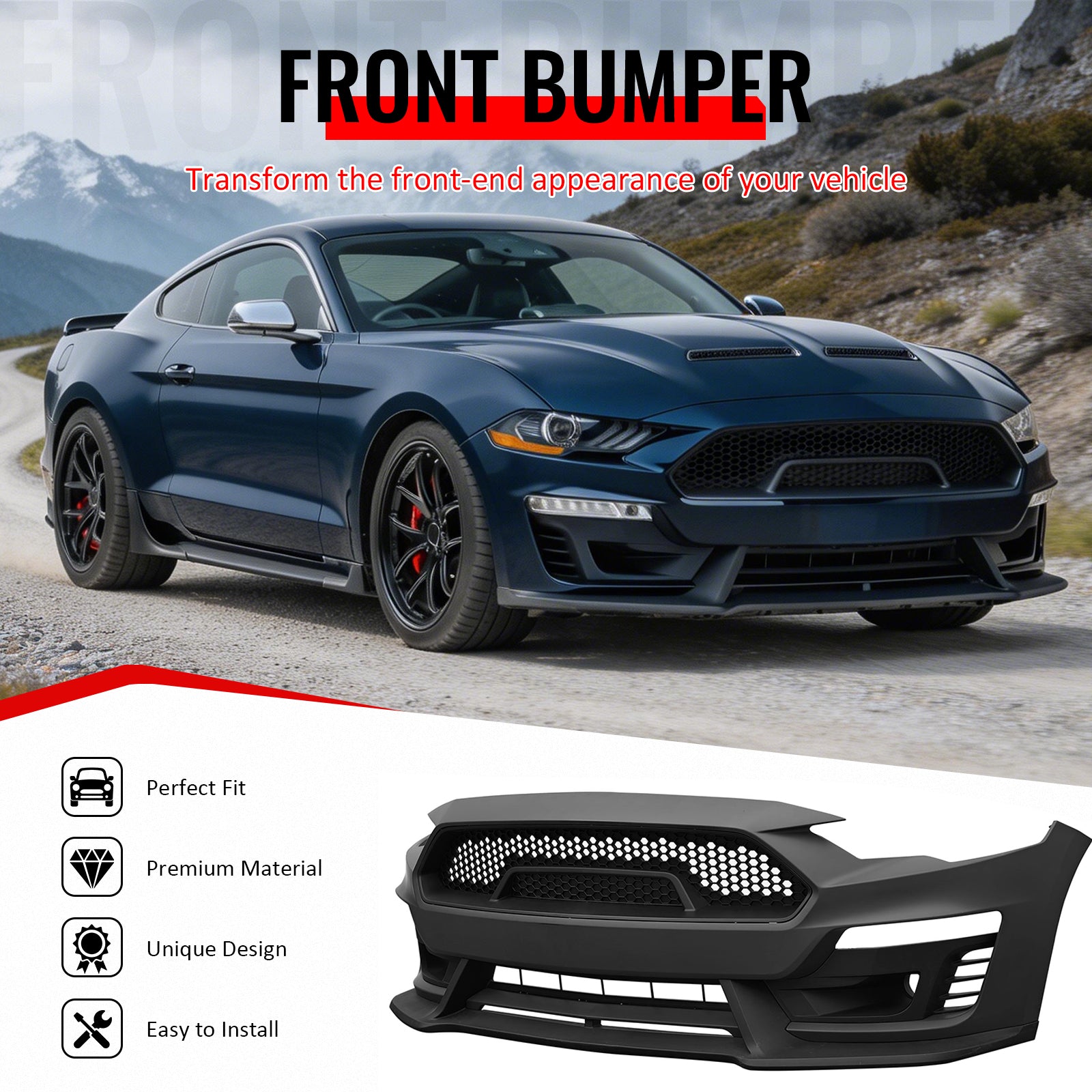 IKON MOTORSPORTS Front Bumper Cover, Compatible with 2018-2023 Ford Mustang, Shelby Super Snake Style Unpainted Black PP Replacement Conversion with Fog Lights Cover, Lip and Matte Black Grille