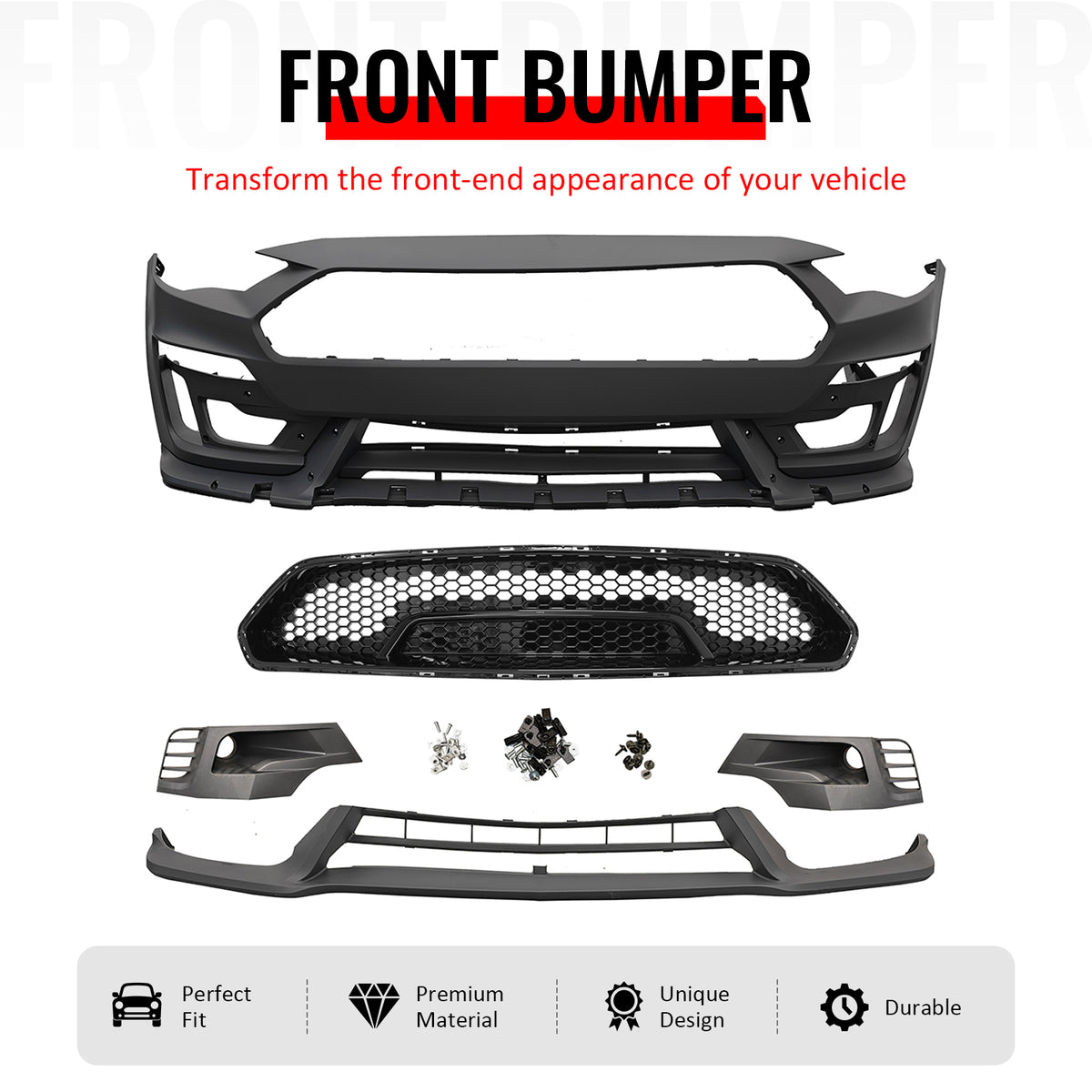 IKON MOTORSPORTS Front Bumper Cover, Compatible with 2018-2023 Ford Mustang, Shelby Super Snake Style Unpainted Black PP Replacement Conversion with Fog Lights Cover, Lip and Gloss Black Grille