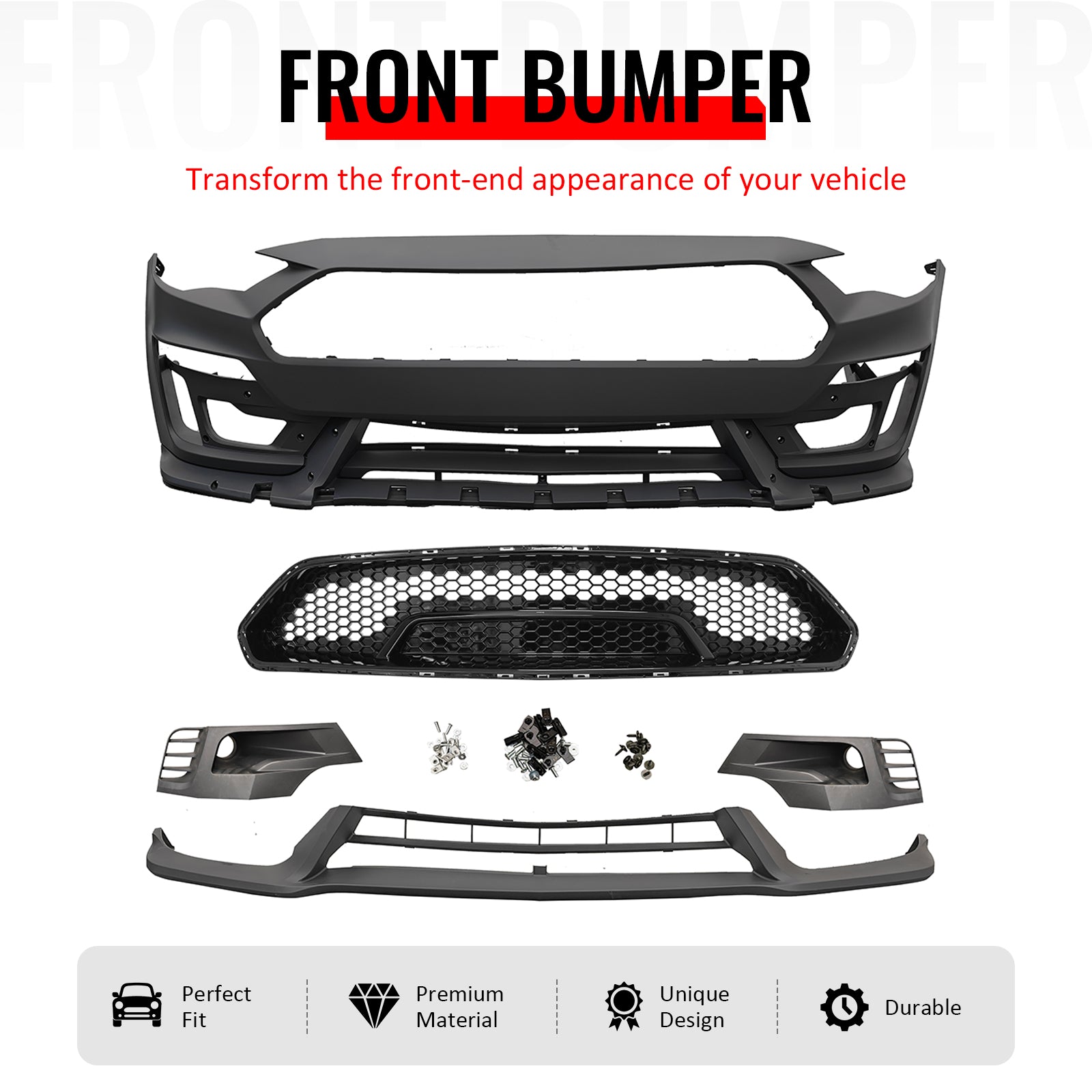 IKON MOTORSPORTS Front Bumper Cover, Compatible with 2018-2023 Ford Mustang, Shelby Super Snake Style Unpainted Black PP Replacement Conversion with Fog Lights Cover, Lip and Gloss Black Grille