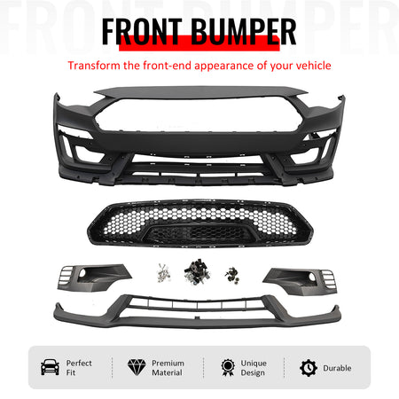 IKON MOTORSPORTS Front Bumper Cover, Compatible with 2018-2023 Ford Mustang, Shelby Super Snake Style Unpainted Black PP Replacement Conversion with Fog Lights Cover, Lip and Gloss Black Grille