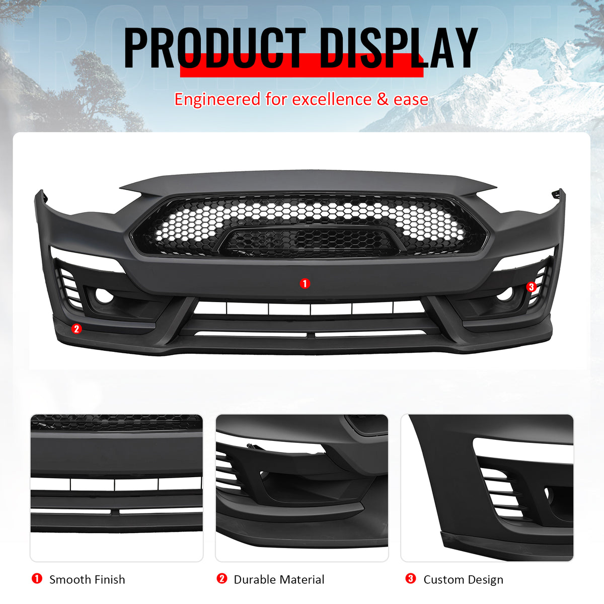 Fits 18-23 Mustang Front Bumper Cover Shelby Super Snake Style with Gloss Grille