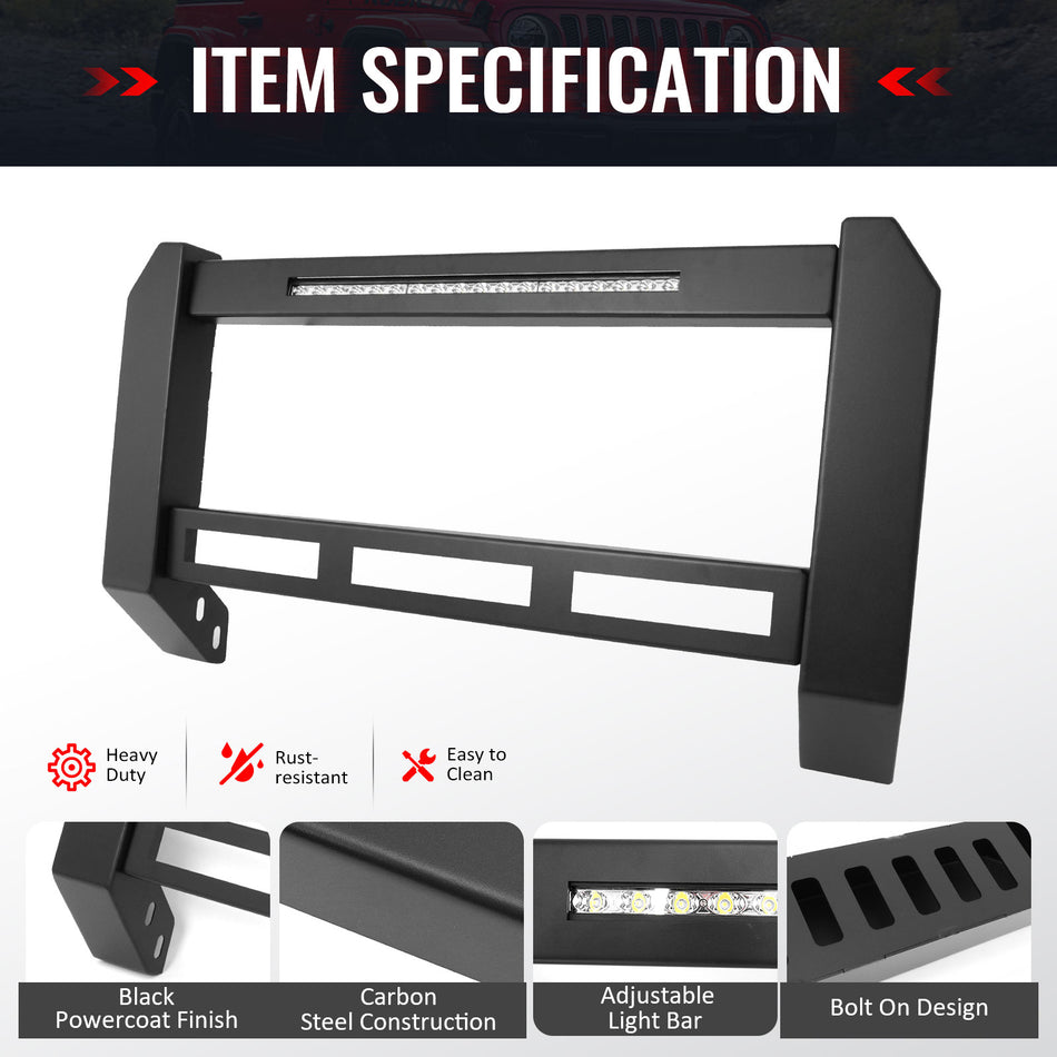 IKON MOTORSPORTS Bull Bar With LED Light Bar, Compatible with 2018-2025 Jeep Wrangler JL & 2020-2025 Gladiator JT, Steel Aluminum Front Bumper Brush Push Grille Guard W/ License Plate Mounting Bracket
