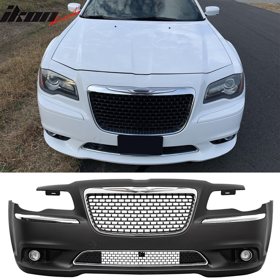 2011-2014 Chrysler 300 SRT8 Style Front Bumper Cover Unpainted Black PP Conversion with Chrome& Gloss Black Upper Lower Grille
