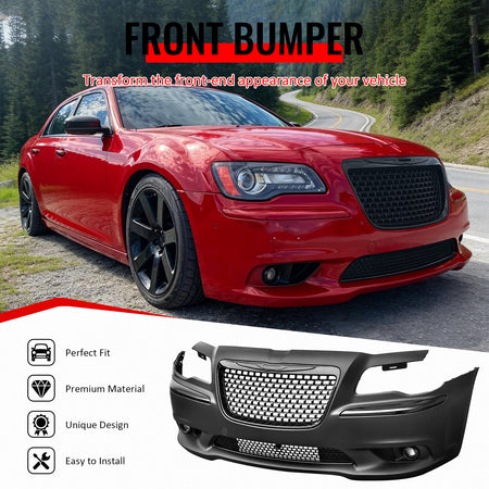 IKON MOTORSPORTS Front Bumper Cover, Compatible with 2011-2014 Chrysler 300, SRT8 Style Unpainted Black PP Replacement Bumper Conversion Bodykit with Gloss Black Upper Lower Grilles, Fog Lights