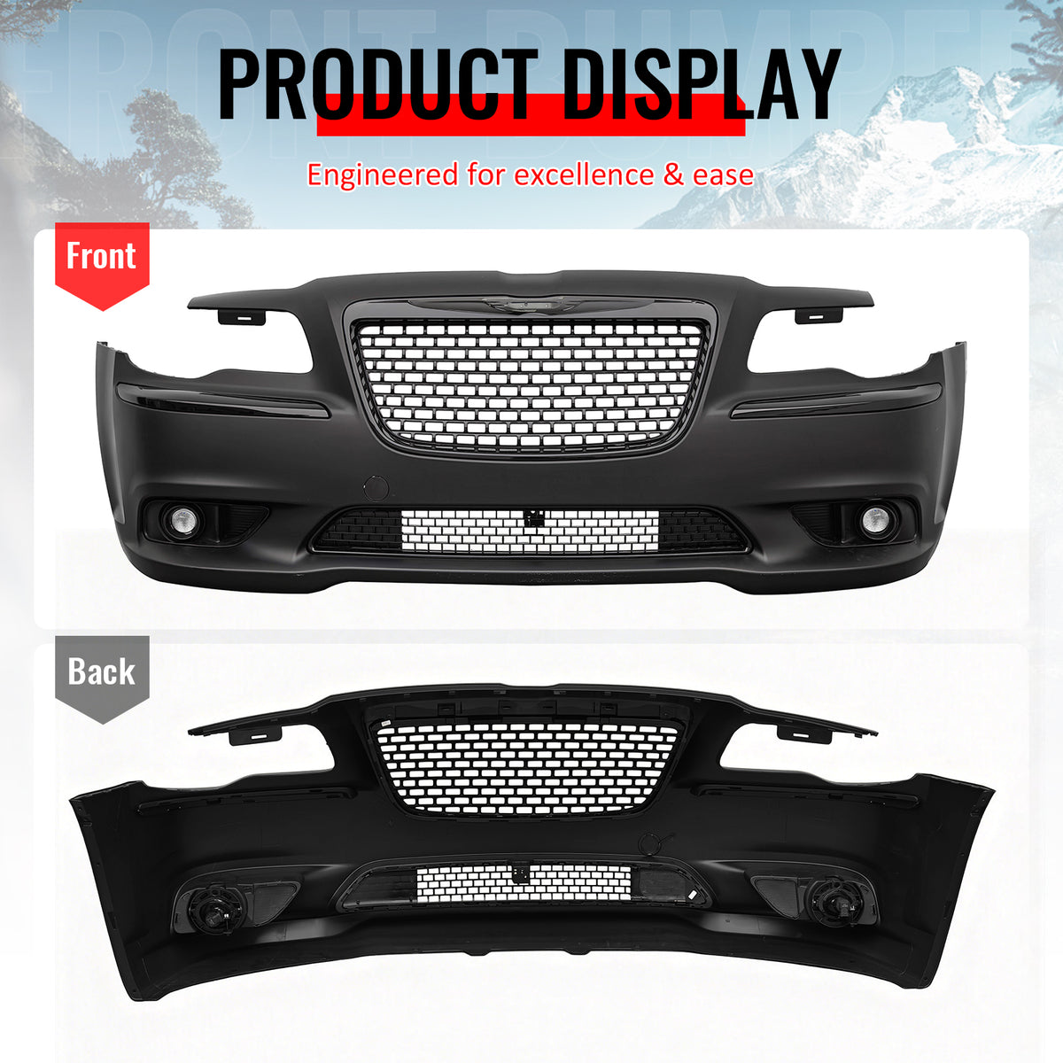 For 11-14 Chrysler 300 SRT8 Style Front Bumper w/ Gloss Black Grilles Fog Lights