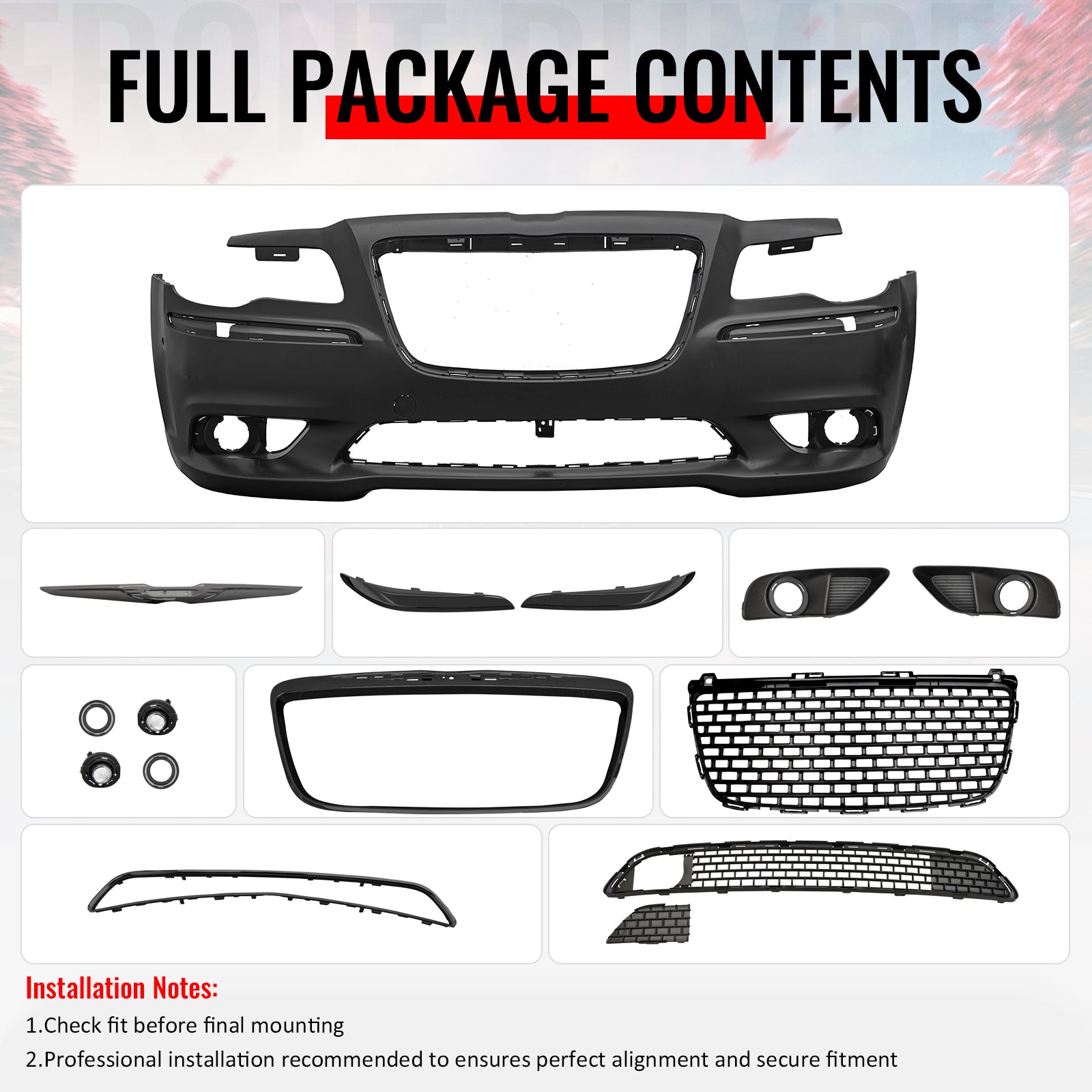 For 11-14 Chrysler 300 SRT8 Style Front Bumper w/ Gloss Black Grilles Fog Lights