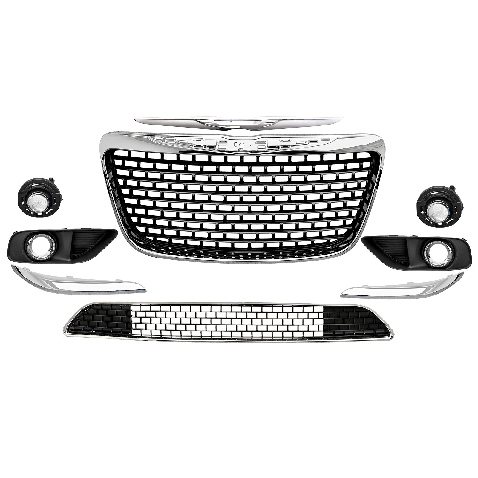 Fits 11-14 Chrysler 300 SRT8 Chrome& Gloss Black Front Grilles w/ Fog Lights