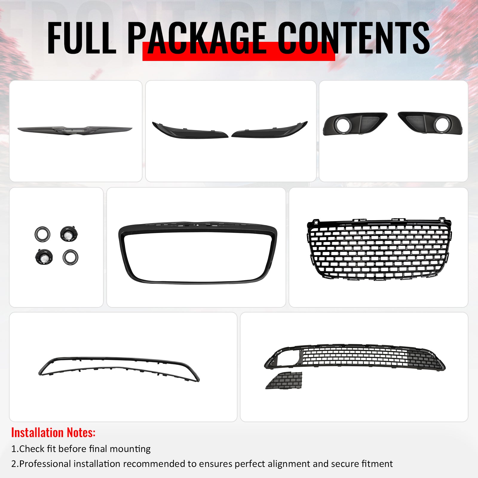 Fits 11-14 Chrysler 300 SRT8 Gloss Black Front Upper Lower Grille w/ Fog Lights