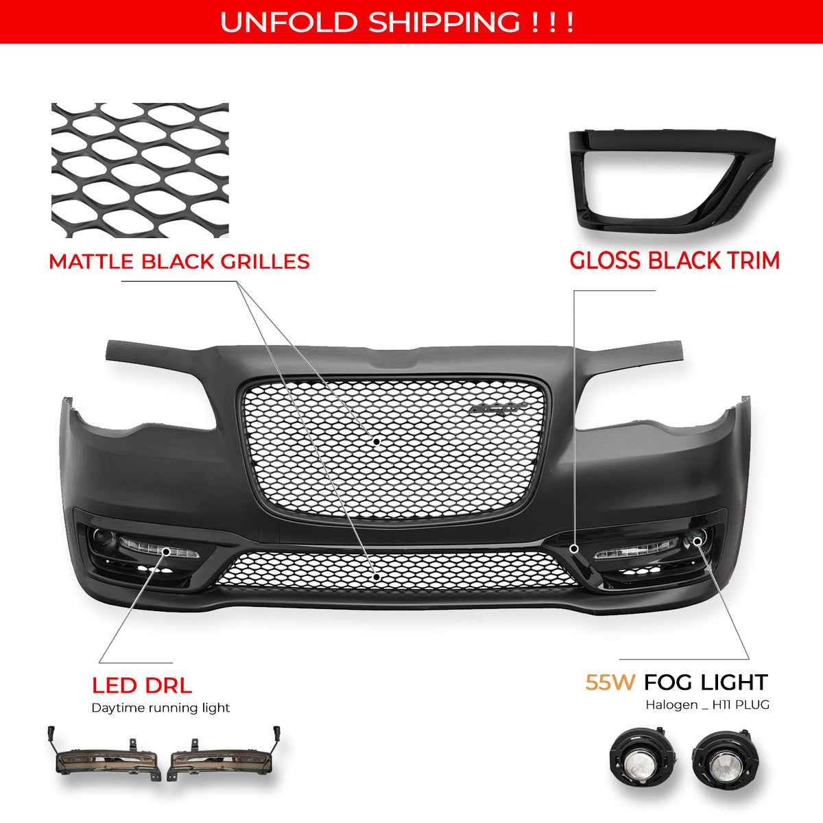 For 15-23 Chrysler 300 SRT Style Front Bumper Cover Fog Light Matte Black Grille