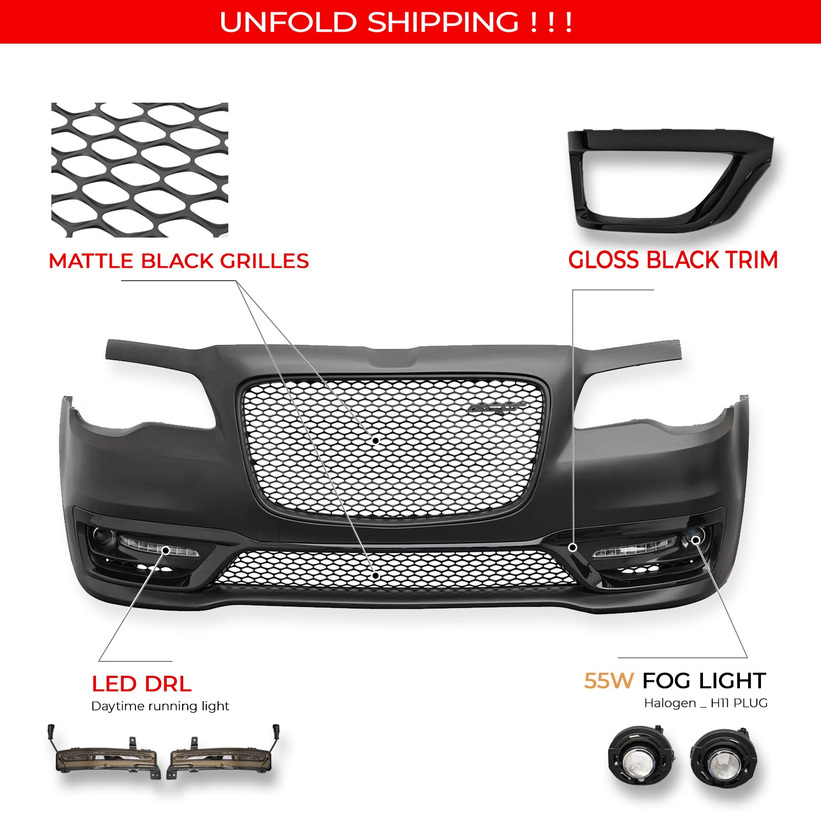 For 15-23 Chrysler 300 SRT Style Front Bumper Cover Fog Light Matte Black Grille