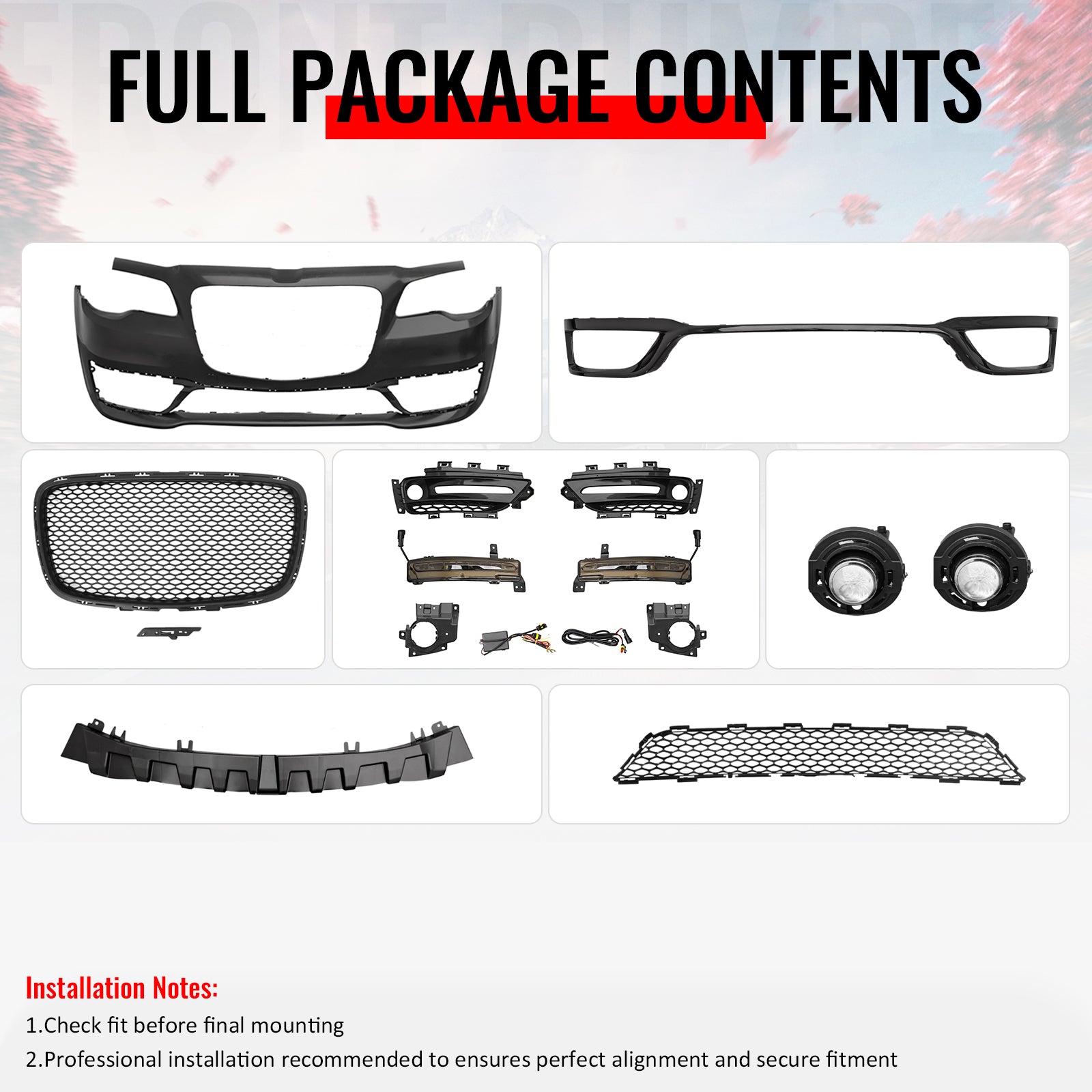 For 15-23 Chrysler 300 SRT Style Front Bumper Cover Fog Light Matte Black Grille