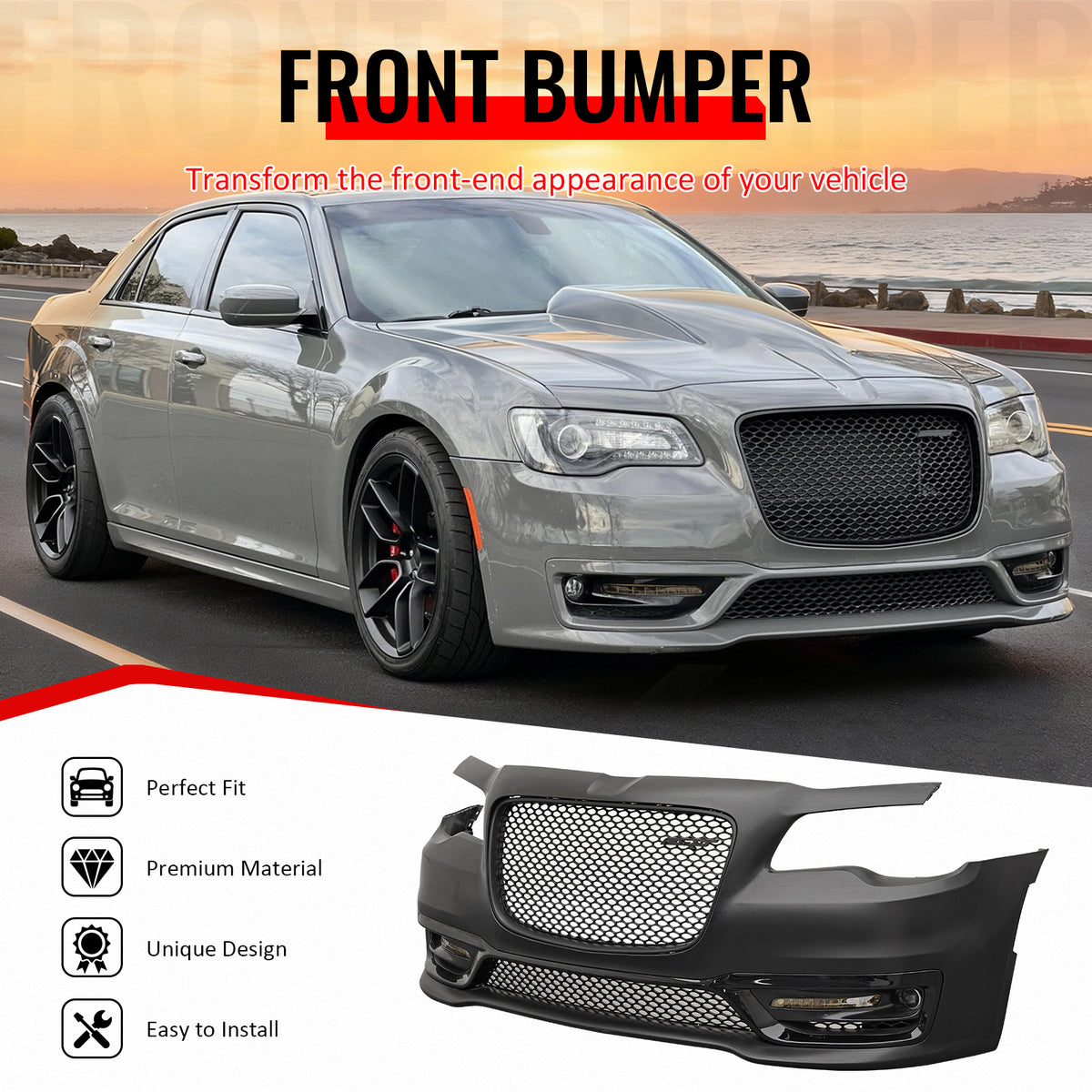 IKON MOTORSPORTS Front Bumper Cover, Compatible with 2015-2023 Chrysler 300, SRT Style Unpainted Black PP Replacement Bumper Conversion Bodykit with DRL, Fog Lights and Matte Black Upper Lower Grille