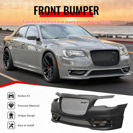 IKON MOTORSPORTS Front Bumper Cover, Compatible with 2015-2023 Chrysler 300, SRT Style Unpainted Black PP Replacement Bumper Conversion Bodykit with DRL, Fog Lights and Matte Black Upper Lower Grille