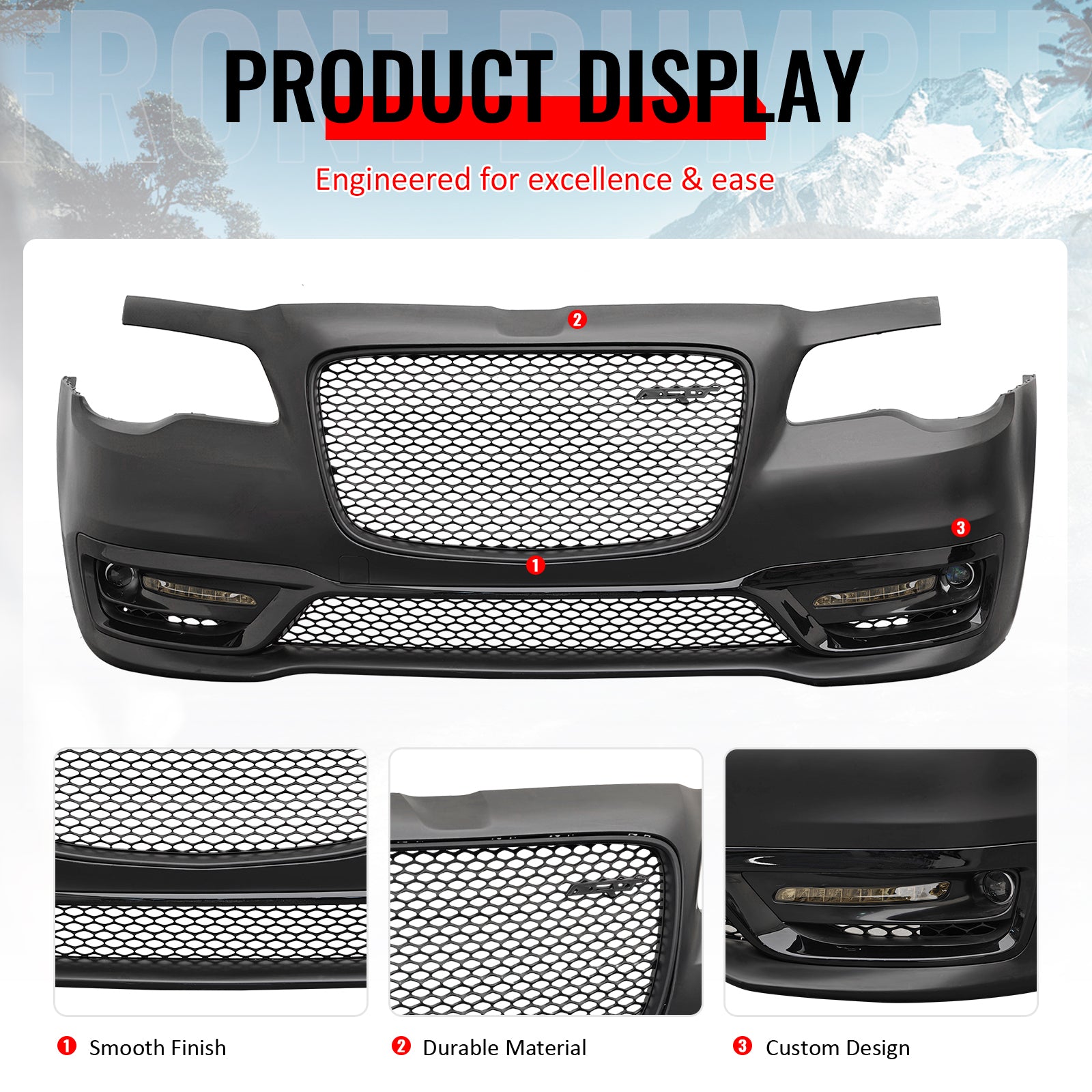 For 15-23 Chrysler 300 SRT Style Front Bumper Cover Fog Light Matte Black Grille