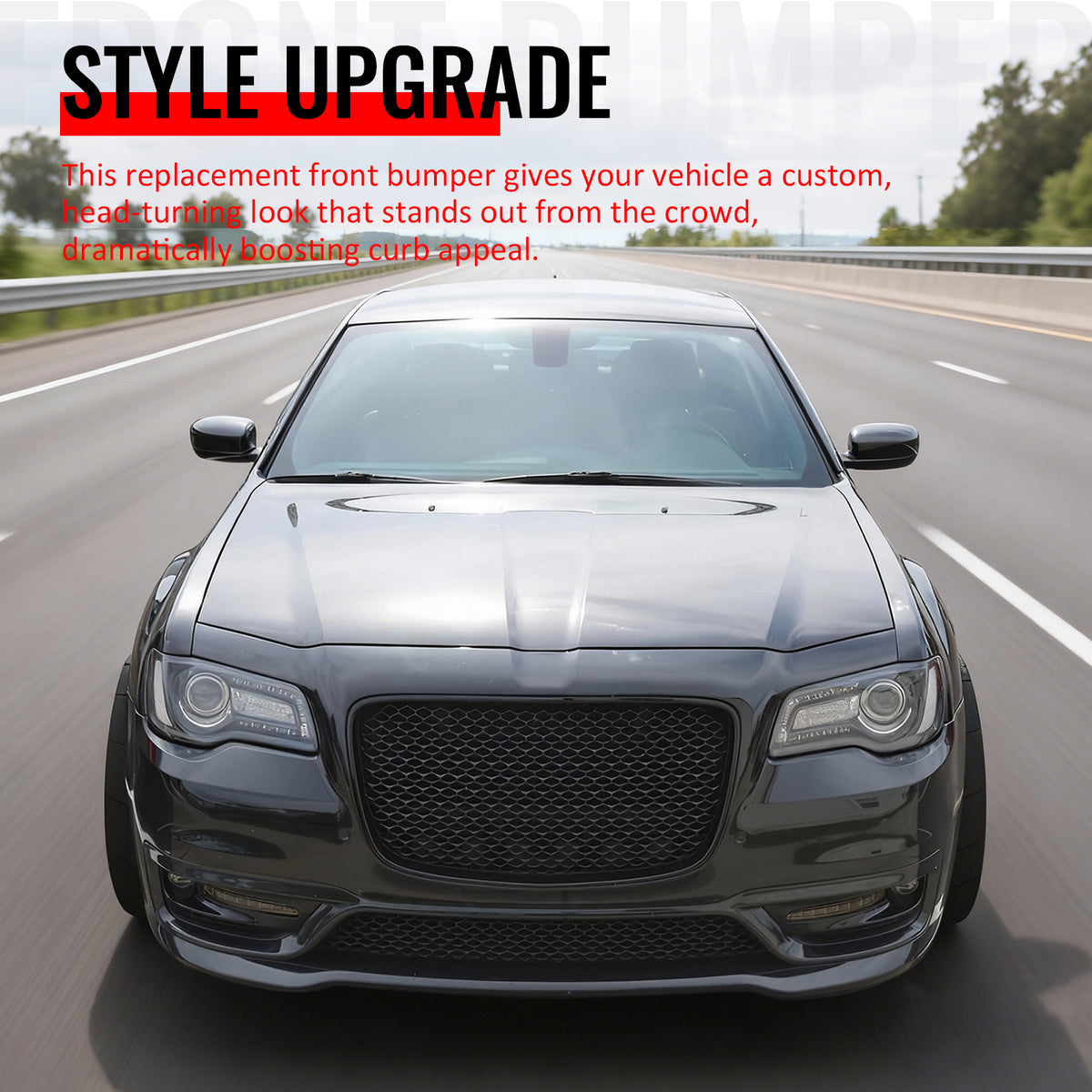 For 15-23 Chrysler 300 SRT Style Front Bumper Cover Fog Light Matte Black Grille