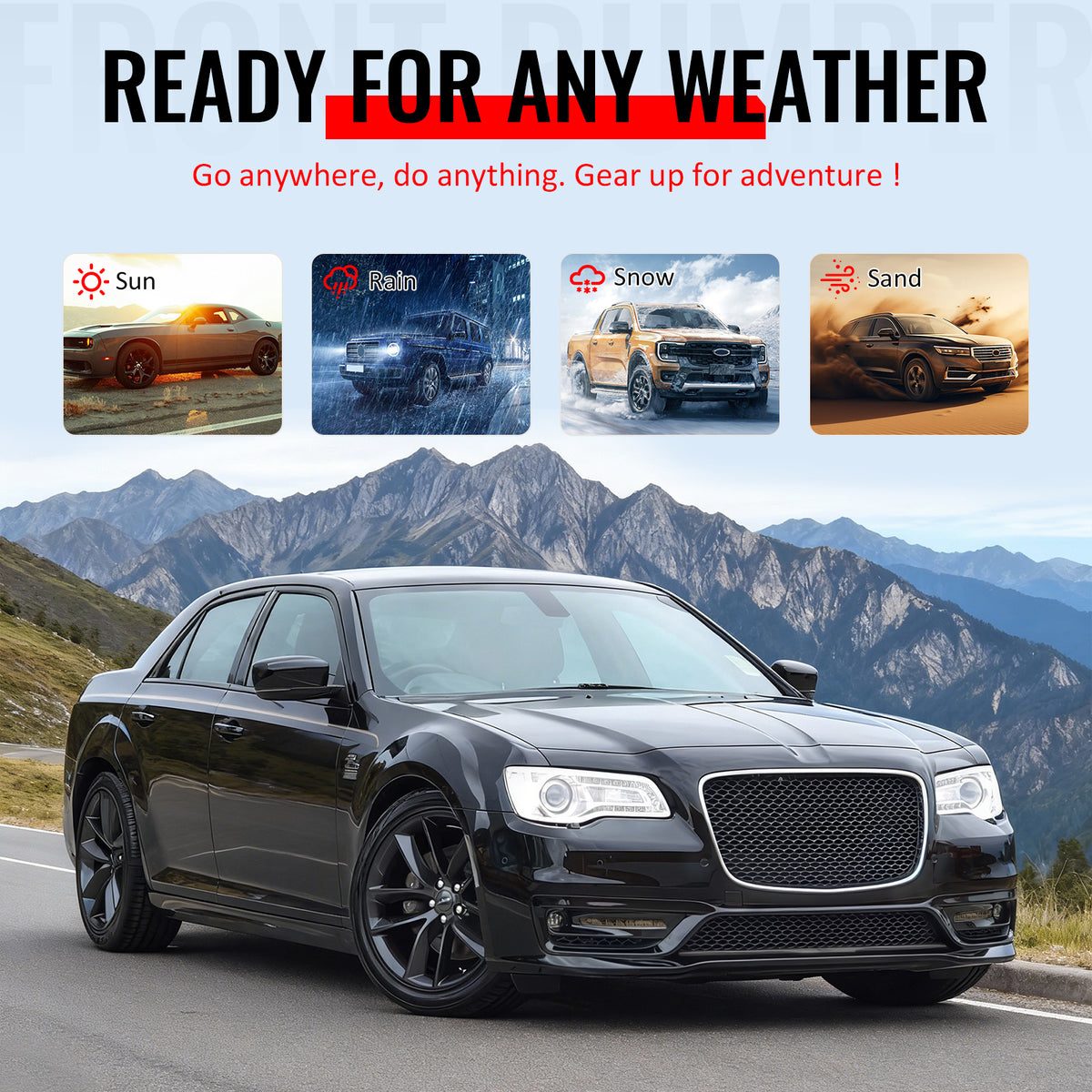 For 15-23 Chrysler 300 SRT Style Front Bumper Cover Fog Light Matte Black Grille