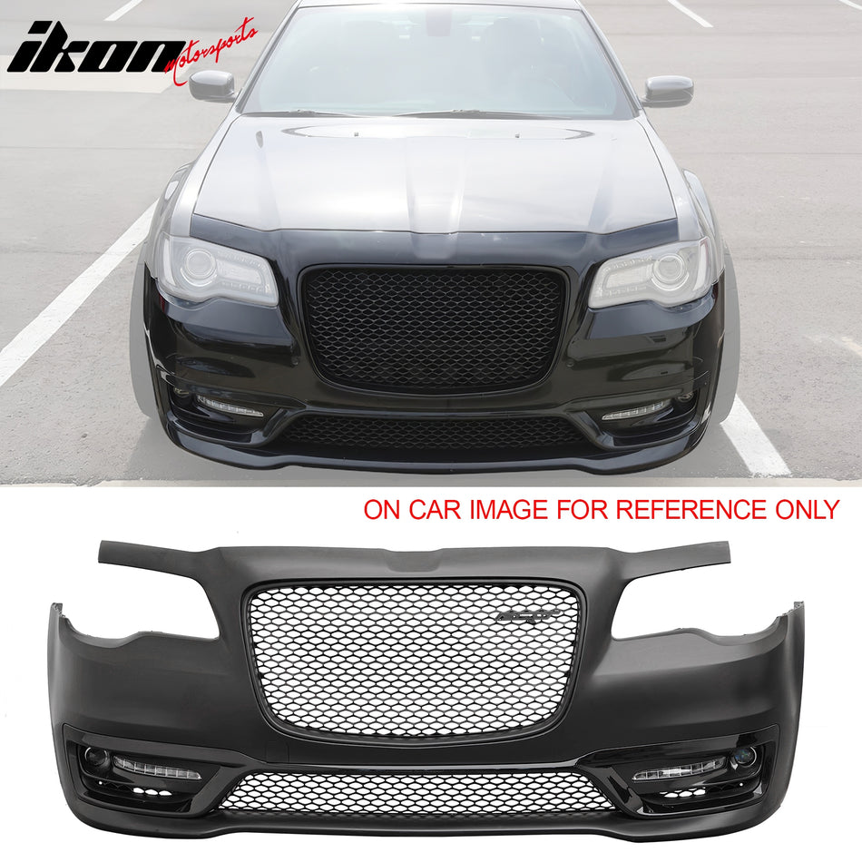 2015-2023 Chrysler 300 SRT Style Front Bumper Cover Unpainted Black PP Replacement Conversion with DRL, Fog Lights and Matte Black Upper Lower Grille