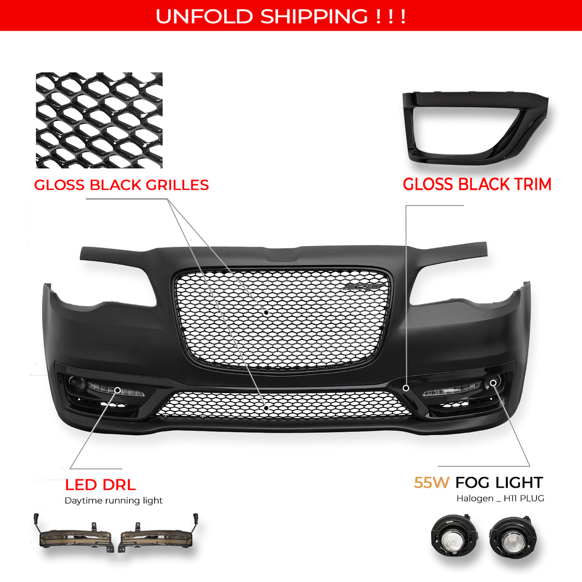 For 15-23 Chrysler 300 SRT Style Front Bumper Cover Fog Light Gloss Black Grille