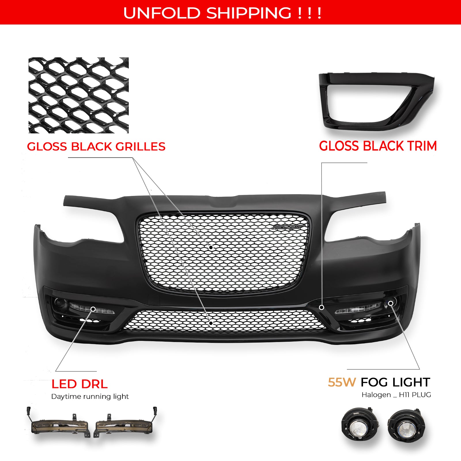 For 15-23 Chrysler 300 SRT Style Front Bumper Cover Fog Light Gloss Black Grille