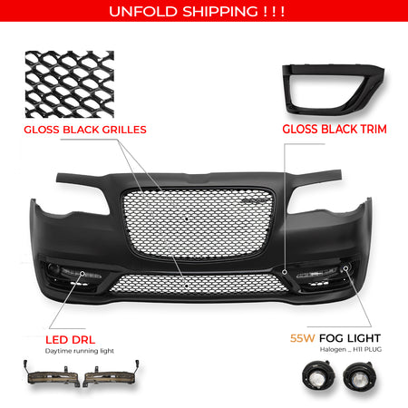 For 15-23 Chrysler 300 SRT Style Front Bumper Cover Fog Light Gloss Black Grille