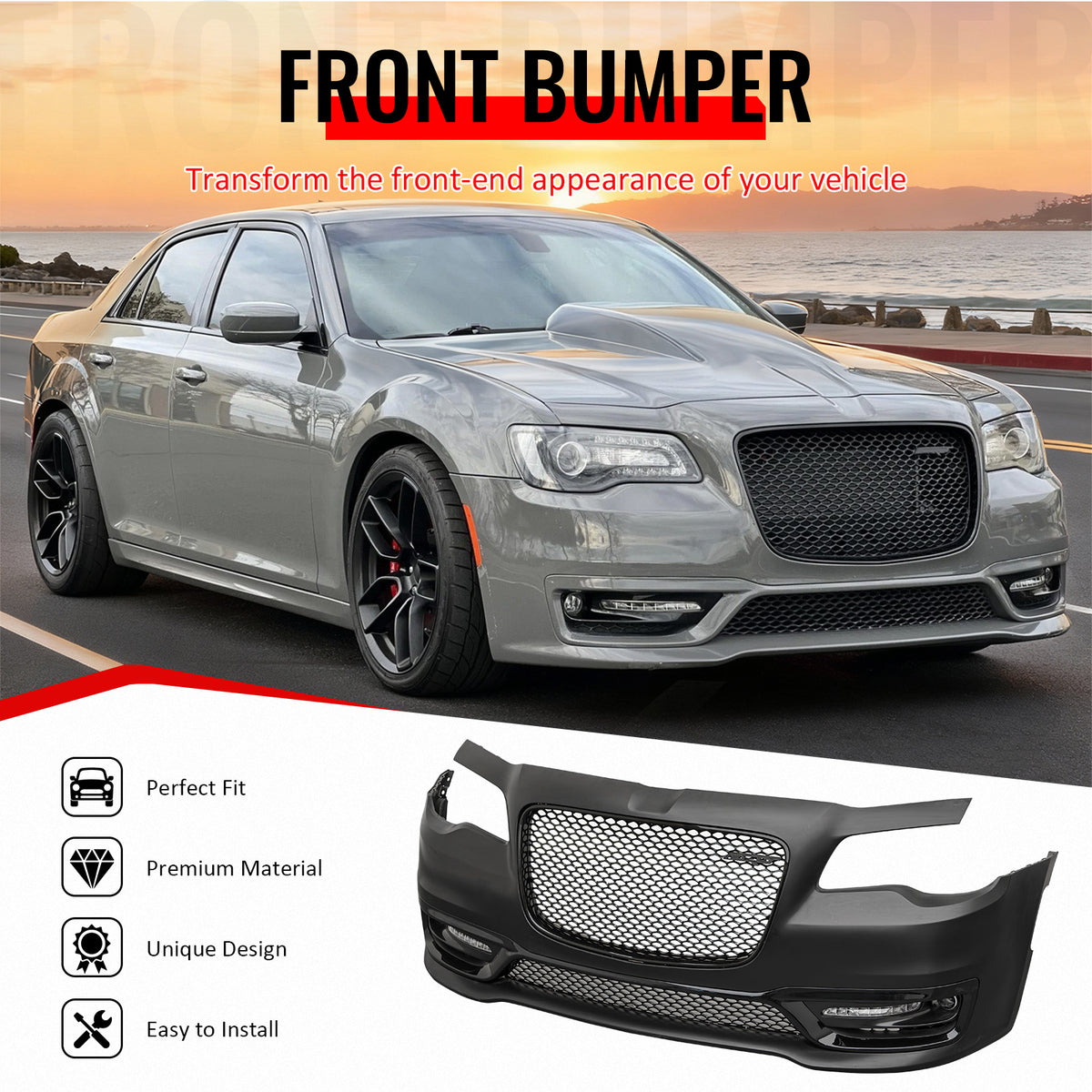 IKON MOTORSPORTS Front Bumper Cover, Compatible with 2015-2023 Chrysler 300, SRT Style Unpainted Black PP Replacement Bumper Conversion Bodykit with DRL, Fog Lights and Gloss Black Upper Lower Grille