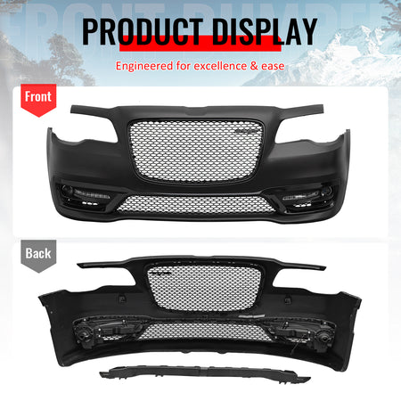 For 15-23 Chrysler 300 SRT Style Front Bumper Cover Fog Light Gloss Black Grille