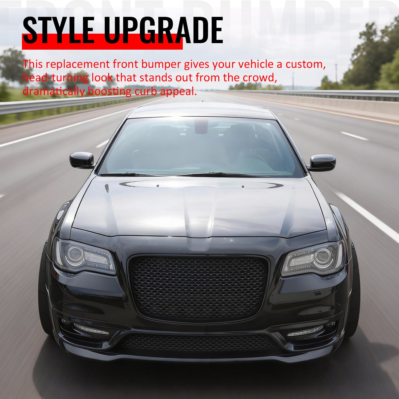 For 15-23 Chrysler 300 SRT Style Front Bumper Cover Fog Light Gloss Black Grille