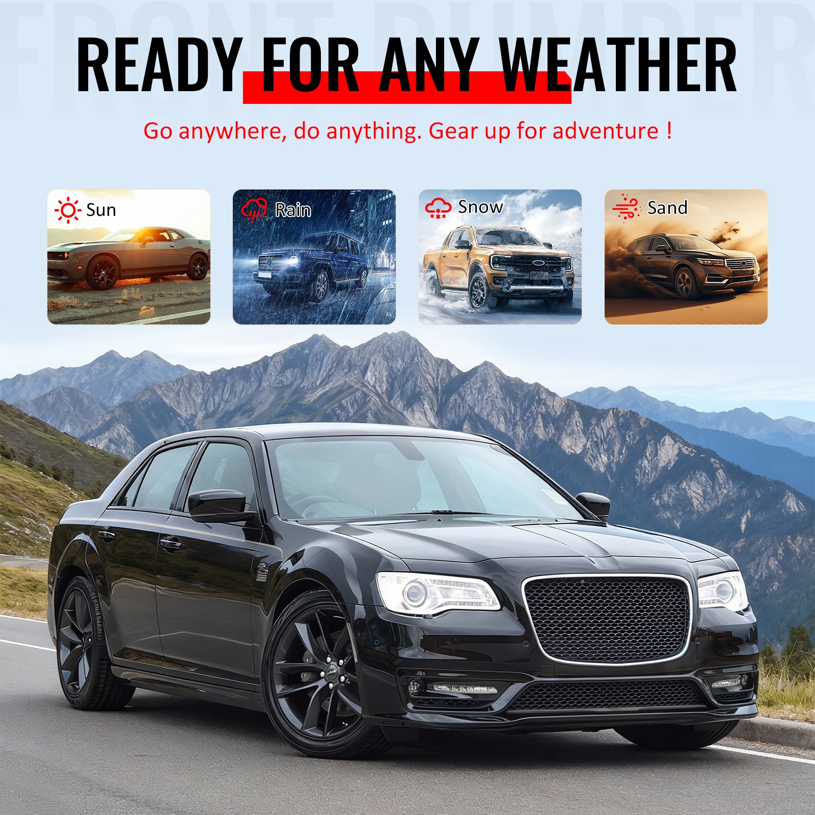 For 15-23 Chrysler 300 SRT Style Front Bumper Cover Fog Light Gloss Black Grille